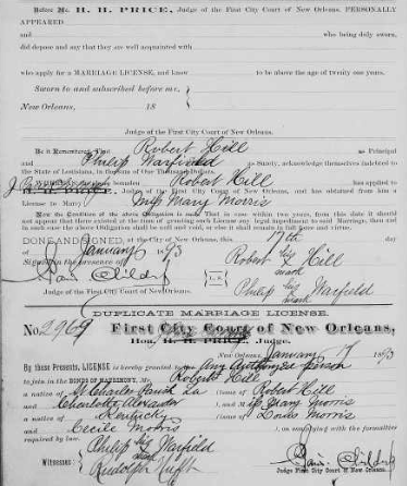 Marriage certificate Robert Hill Jr aned Mary Morris Jan 6, 1893, New Orleans
