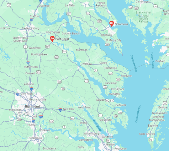 Map, Port Royal, Virginia to Solomons Island, Maryland