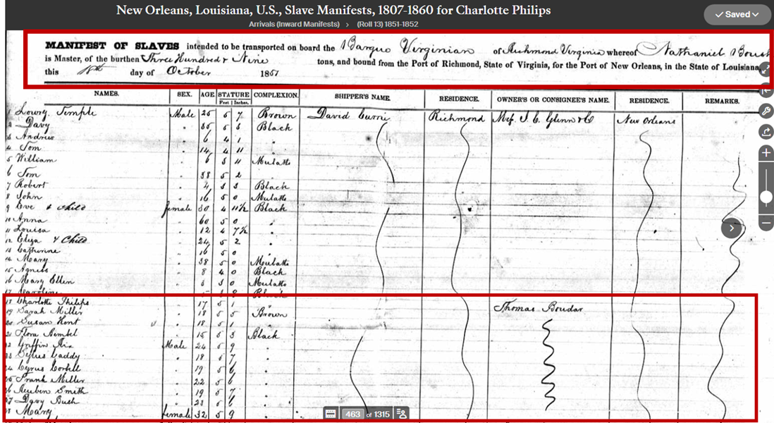 Oct 18, 1851 Baroque Virginian Manifest, Charlotte Phillips, Thomas Boudar